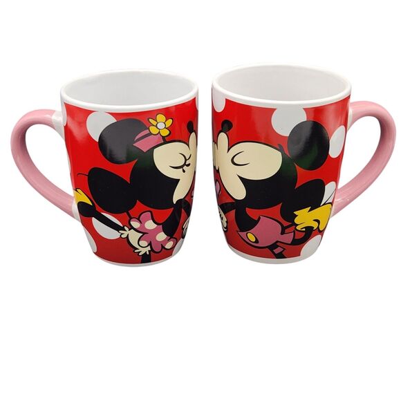 2 Disney Mickey and Minnie Mouse Kissing Coffee Mug Valentines Red Polka Dots - Picture 1 of 8
